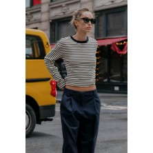 Açelya Okcu Premium Pamuklu Oversize Çizgili Uzun Kol Tişört
