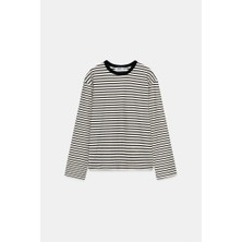 Açelya Okcu Premium Pamuklu Oversize Çizgili Uzun Kol Tişört