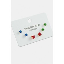 Hg.Aksesuar 6 Adet Kare Renkli Zirkon Tek Taşlı Çelik Küpe