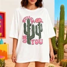 Hena Stuck On You – Kaktüs Edition Oversize T-Shirt Beyaz %100 Pamuklu Özel Tasarım Baskı