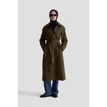 Armine Trend Kabartma Desenli Boydan Fermuarlı Belden Kuşaklı Kap Yağ Yeşili 25KT717