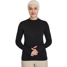 Manolyaşal İslamic Hijab Hafif Balıkçı Yakalı Parmak Geçmeli Likralı Organik Kadın Body - Siyah - S-M