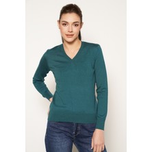 Trist Star Kadın Petrol %100  Organik Pamuk V Yaka Triko Kazak Bluz TRIST-6102