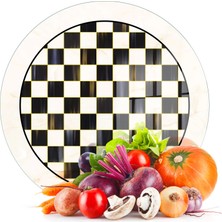 Decovetro Cam Kesme Tahtası ve Sunumluk Yuvarlak Mackenzie Black White Dama 30X30 cm
