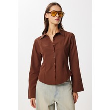 Happiness İstanbul Çan Kollu Vücuda Oturan Dokuma Gömlek LUB0300 Kahverengi