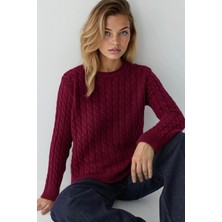 Hiccup Kadın Yuvarlak Yaka Kalın Saç Örgüsü Kazak Bordo Kırmızı