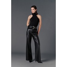 Vatkalı Wide leg deri pantolon siyah