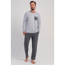 Vienetta Erkek Gri Renk Uzun Kollu Bisiklet Yaka Çizgili Alt Pijama Takımı C9T9N0305
