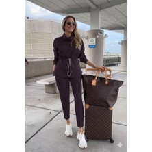 Sosostyle Kadın Uzun Kollu Balıkçı Yaka Belden Lastikli Modal Bluz ve Pantolon Ikili Takım