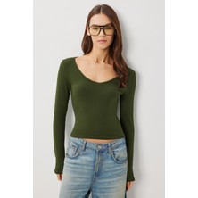 Happiness İstanbul Uzun Kollu V Yaka Örme Bluz LUB0293 Haki