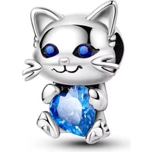 Fubena Mavi Taşlı Kedi Gümüş Charm