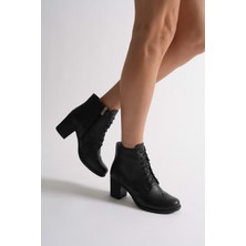 Analin Shoes Kadın Hakiki Deri Lazer Detaylı Bağcıklı Bot - Siyah
