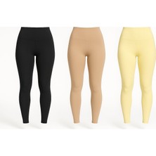 Mavi Qumsal Yüksek Bel Basic Kadın Tayt 3'lü Set | Siyah Ten Sarı Paket | Spor, Günlük Kullanım Toparlayıcı