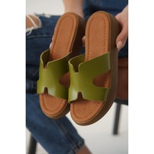 Trendella Borlina Haki Yeşil Hakiki Deri Terlik