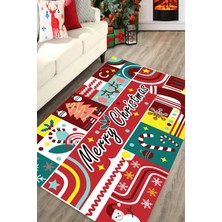 Carmine Carpet Dijital Baskılı Yıkanabilir Renkli Merry Christmas Yazılı Yeni Yıl Halısı