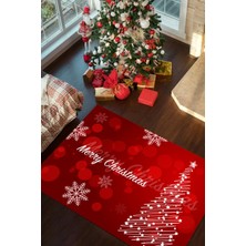 Carmine Carpet Dijital Baskılı Yıkanabilir Merry Christmas Yazılı Yeni Yıl Halısı