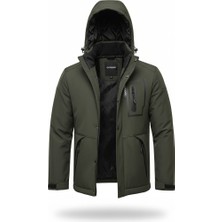 Mero Life Outdoor Kapüşonlu Su ve Rüzgar Geçirmez Kapitone Içi Kürklü Elyaf Dolgulu Şişme Haki Softshell Mont