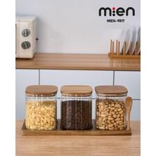 Mien Akasya Ahşap Standlı 3’lü Çizgili Cam Baharatlık Seti – Kare – 750 ml