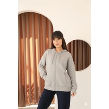 Moviment Gri Oversize Içi Polar ve Fermuar Detaylı Kapüşonlu Kadın Sweatshirt