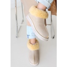 Mini Bej Süet Yarım Bot Içi Tüylü Düz Taban Kadın Ayakkabı