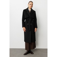 Mizalle Yünlü Kaşe Dokulu Siyah  Uzun Trençkot Kaban