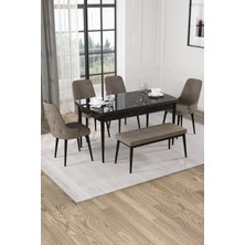 Baresmu Nice Siyah Mermer Desen 80X132 Açılabilir Mdf Masa Yemek Odası Takımı, Mutfak Takımı 4 Adet Sandalye, 1 Bench