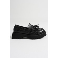 Trendella Mina Kadın Günlük Siyah Kroko Baskılı Loafer Ayakkabı