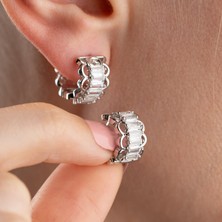 Vaoov 925 Ayar Gümüş Baget Taşlı Minimal Halka Küpe