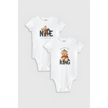 Overoz Organik %100 Pamuk Teddy Bear 2'li Bebek Body Set Beyaz Badi Çıtçıtlı Zıbın Ikili 5762-5763