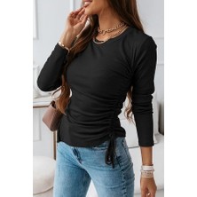 Sosostyle Kadın Uzun Kollu Bisiklet Yaka Yanları ve Kolları Büzgülü Kadife Bluz