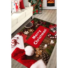 Carmine Carpet Dijital Baskılı Yıkanabilir Merry Christmas Yazılı Yeni Yıl Halısı