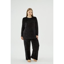 Sevim Kadın Siyah Renk Büyük Beden Kadife Bisiklet Yaka Bol Paça Pijama Takımı C3T7N171