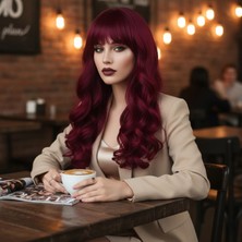 Marsilyan Dalgalı Perçemli Uzun Fiber Sentetik Peruk - Kızıl