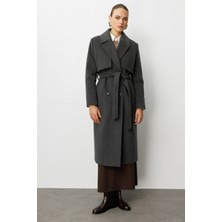 Mizalle Yünlü Kaşe Dokulu Antrasit Uzun Trençkot Kaban