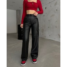 Sosostyle Kadın Yüksek Bel Önden Fermuarlı Yandan Cep Detaylı Deri Kargo Pantolon