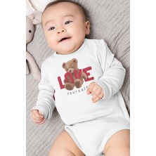 Overoz Organik %100 Pamuk Teddy Bear Love Baskılı Uzun Kollu Çıtçıtlı Bebek Body Badi Zıbın Tulum 5408