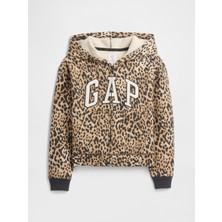 Gap Kız Çocuk Kahverengi Relaxed Gap Logo Fermuarlı Kapüşonlu Sweatshirt