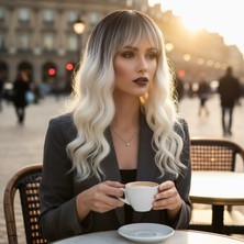 Marsilyan Dalgalı Kısa Perçemli Fiber Sentetik Peruk - Kahve / Beyaz Platin Ombreli