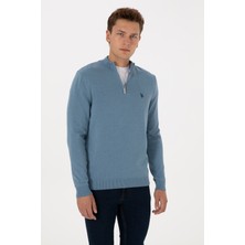 U.S. Polo Assn. Erkek Slim Fit Yarım Fermuarlı Mavi Basic Kazak 50313695-VR251