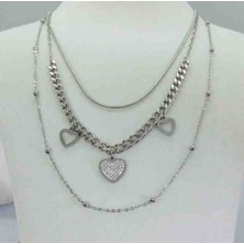 Ödül Moda Çelik Silver 3 Zincir Zirkon Taşlı Kalpli Kolye