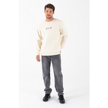 Erkek Bisiklet Yaka Nakışlı Şardonlu 3ip Sweatshirt Ekru - 26K 8504 