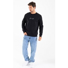 Erkek Bisiklet Yaka Nakışlı Şardonlu 3ip Sweatshirt Siyah - 26K 8504 