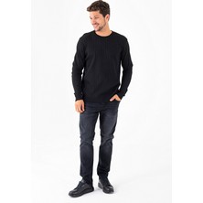 Erkek Bisiklet Yaka Fitilli Triko Kazak Siyah - K-2602