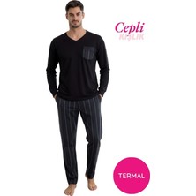 Bie's Erkek Siyah V Yaka Düğmesiz Göğüs Cepli Bilek Manşetli Kışlık Uzun Kol Cepli Termal Pijama Takımı