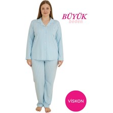 Bie's Kadın Mavi Büyük Beden Viskon Önden Düğmeli Gömlek Yaka Göğüs Cepli Uzun Kol Mevsimlik Pijama Takımı