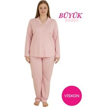 Bie's Kadın Pembe Büyük Beden Viskon Önden Düğmeli Gömlek Yaka Göğüs Cepli Uzun Kol Mevsimlik Pijama Takım