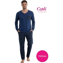 Bie's Erkek Mavi V Yaka Ekose Desen Göğüs Cepli Bilek Manşetli Kışlık Uzun Kol Cepli Termal Pijama Takımı
