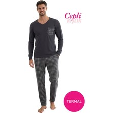 Seamlife Erkek V Yaka Düğmesiz Göğüs Cepli Yumuşak Termal Bilek Manşetli Kışlık Uzun Kol Cepli Pijama Takımı