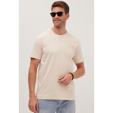 Tudors Unisex Relax Fit Rahat Kesim %100 Pamuk Yumuşak Dokulu Hafif Kalın Bej Bisiklet Yaka Tişört