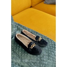 Slipcat Yumuşak Peluş Kadın Taşlı Ev Babeti Siyah Hafif Taban Panduf Konforlu Ev Ayakkabısı